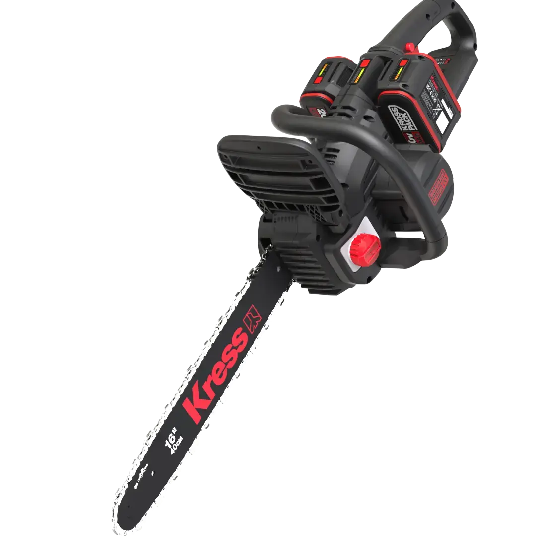 Akku-Kettensäge Kress KG347E 40 cm mit 2×20V Akku-System seitliche Ansicht