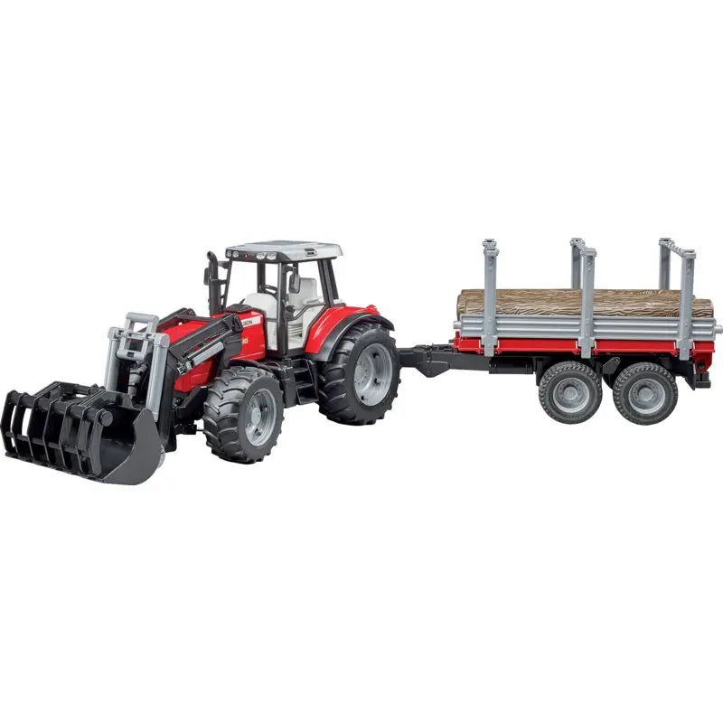 Bruder Massey Ferguson 7480 Traktor mit Frontlader und Holzanhänger im Maßstab 1:32
