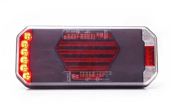 Multifunktions-Rücklicht LED, links, rot/orange/weiß, 12-24V, 236x104x40,5mm passend für Universal