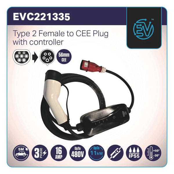 WAI EV-Ladekabel, Typ 2, CEE-Stecker, 11 kW, 16A, 5m